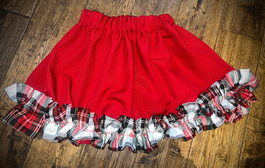 red skirt with tartan frill