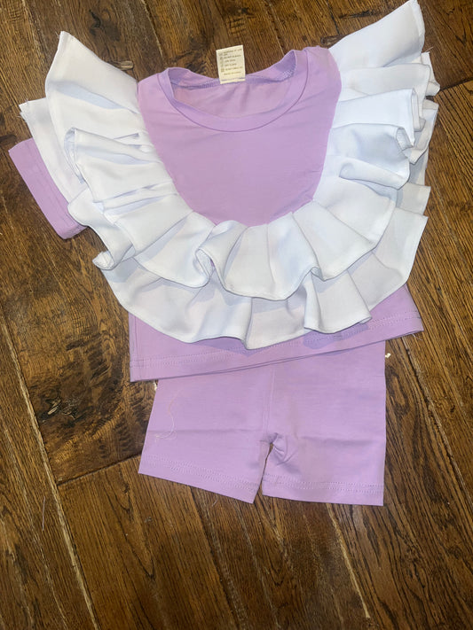 lavender and white frill shorts set